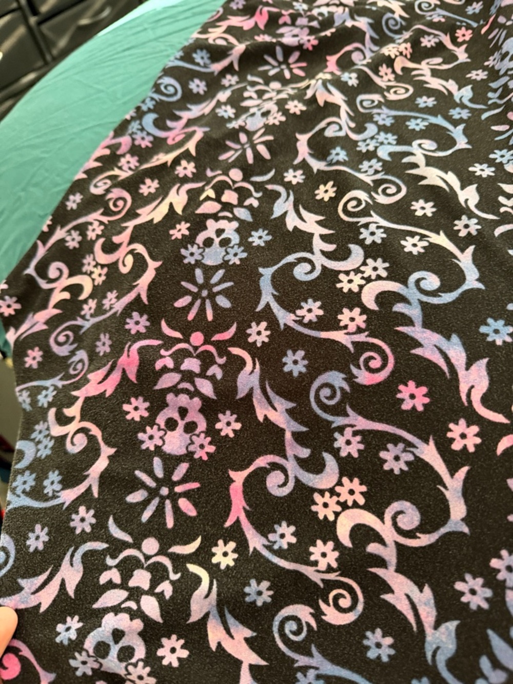 Black Floral Swirl Skull Print Leggings - Pink & Blue Accents